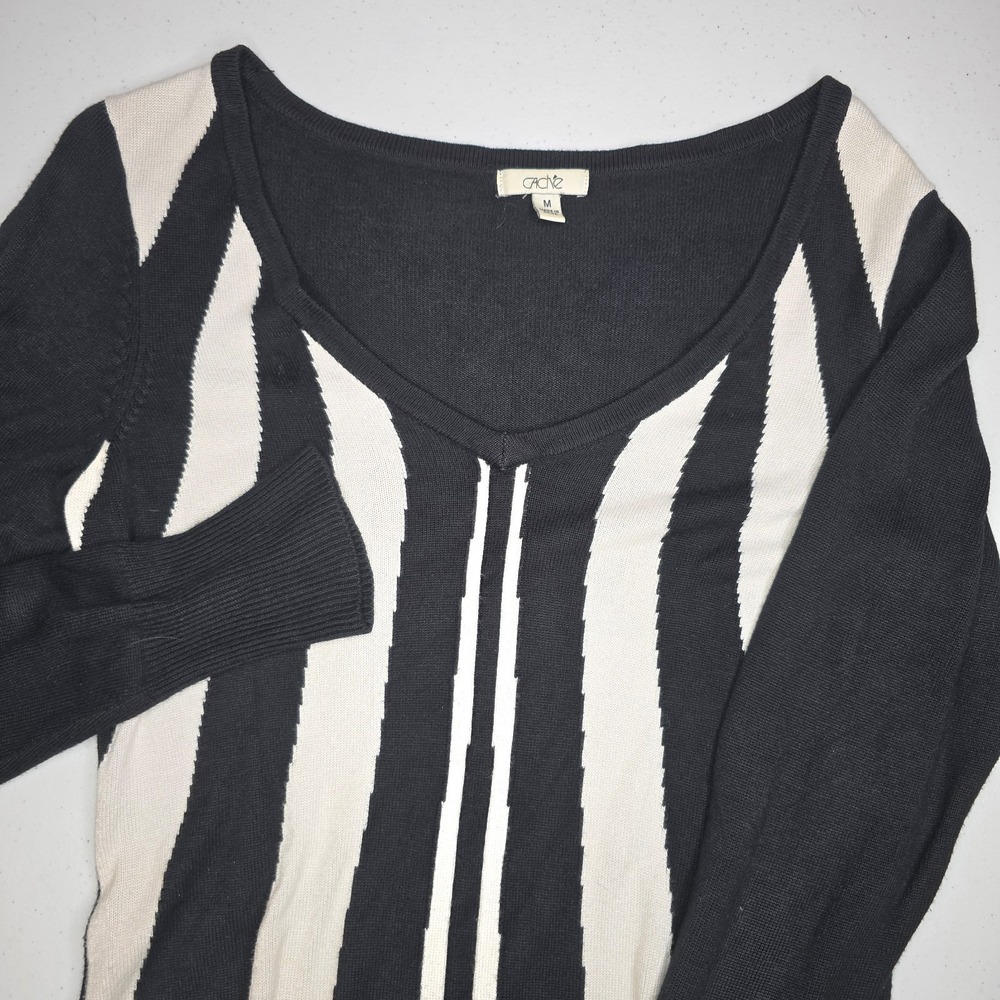 CACHE Women's Medium Black White Stripe V-neck‎ Sweater -1791